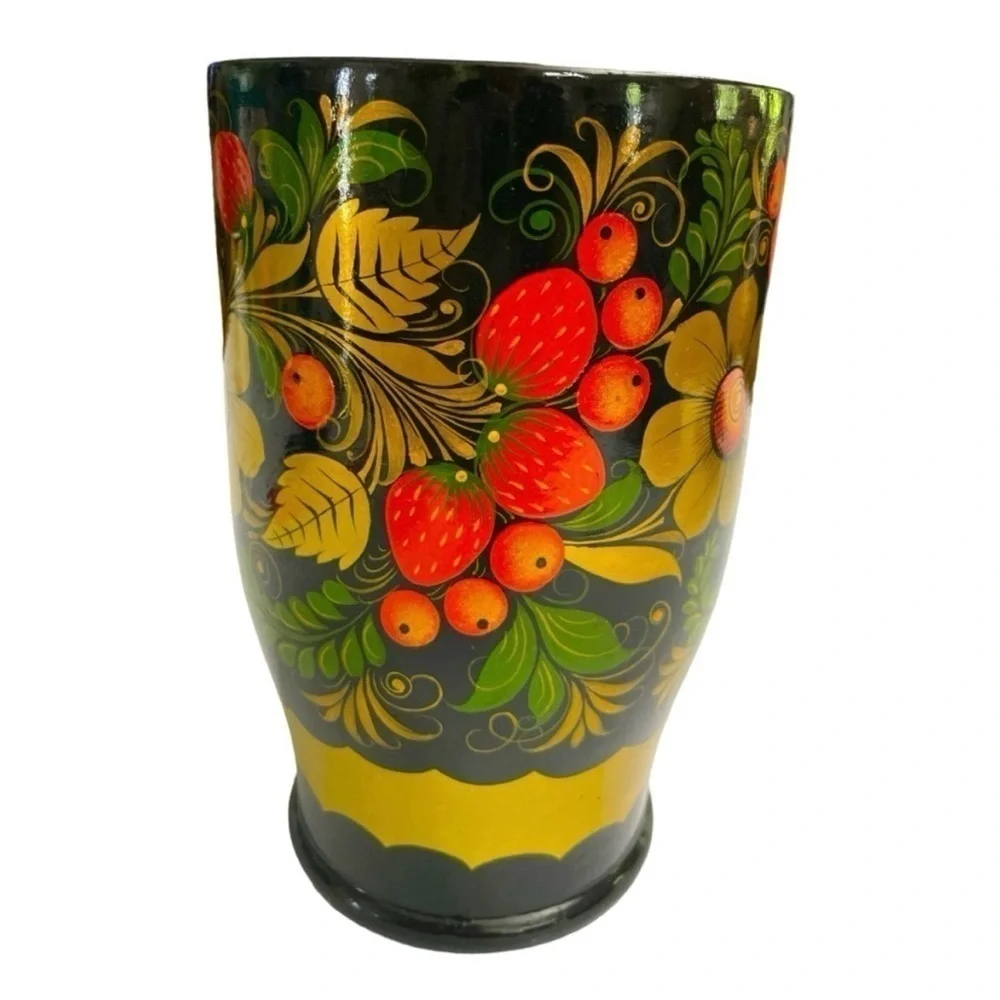 Vintage Russian Khokhloma Hand Painted Wood Floral Vase Folk Art
